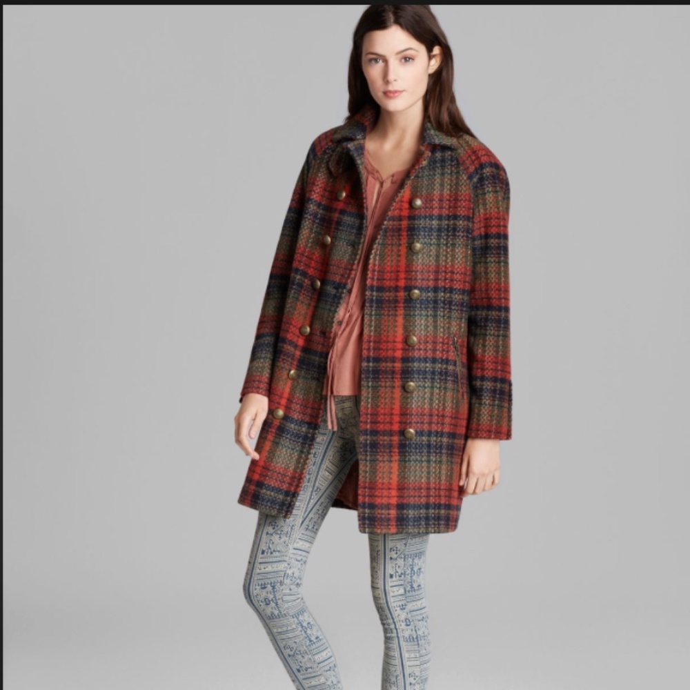 FREE PEOPLE PEACOAT TEXTURED PLAID COCOON IN RUST